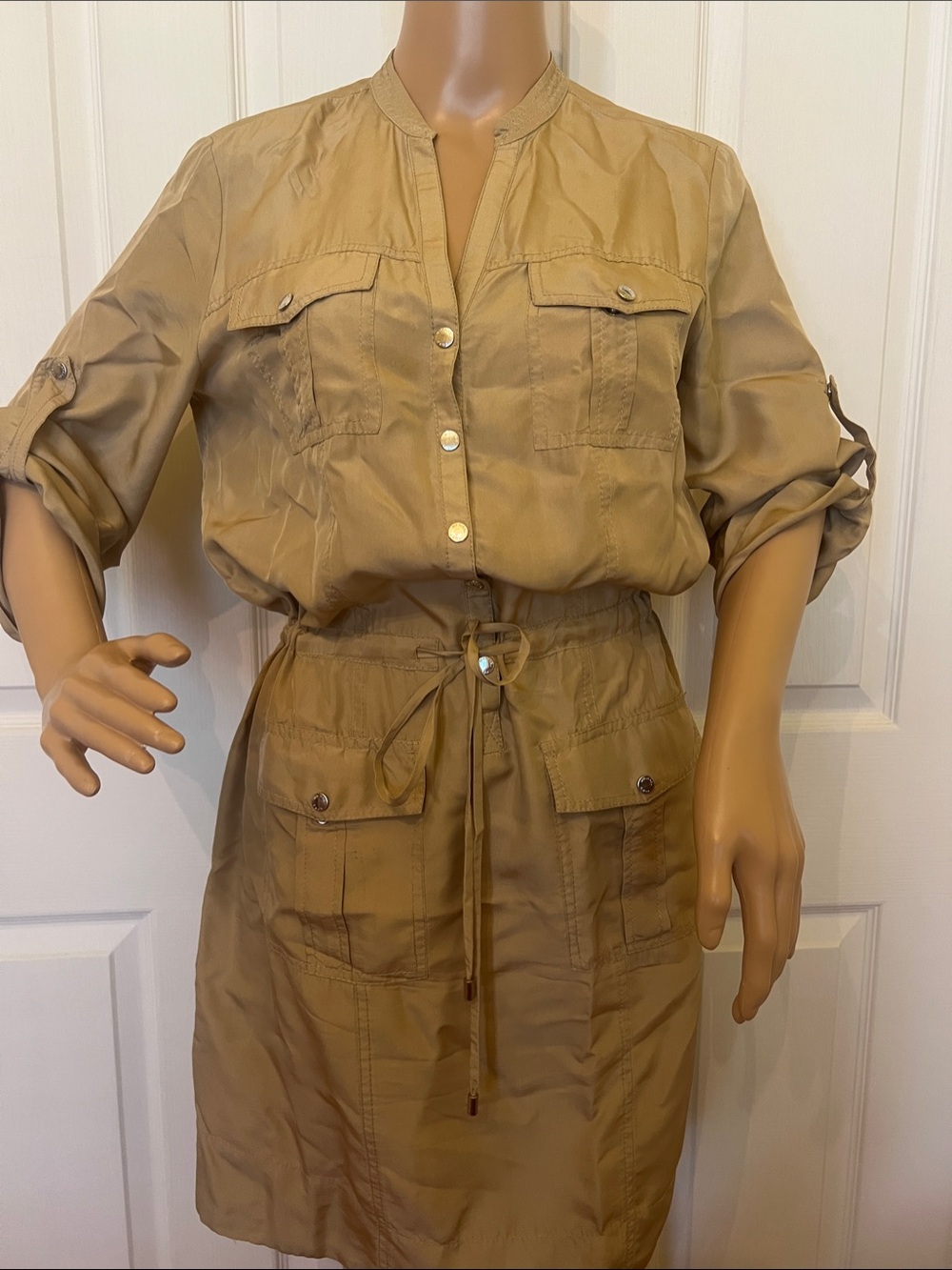 Women's Silk Tan Utility Shirt Dress - Casual Drawstring Waist S/P